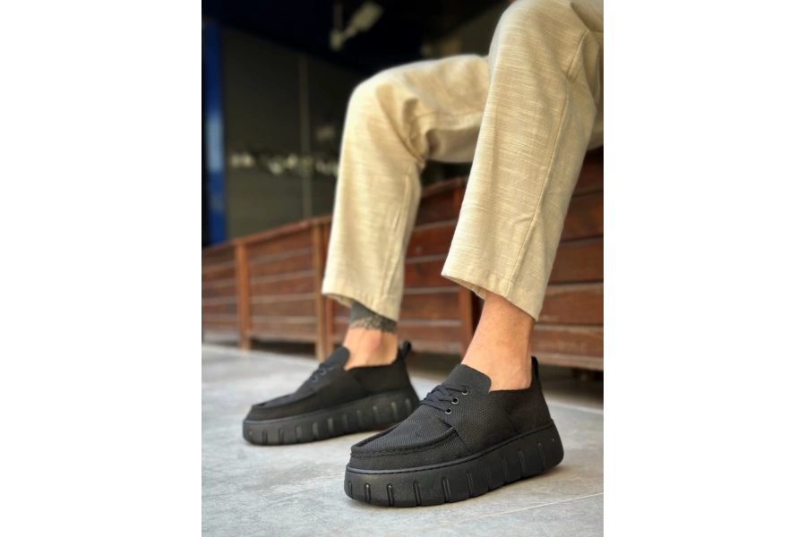 Shoecide Sb0676 Boa Siyah Keten Yüksek Taban Erkek Yazlık Ayakkabı