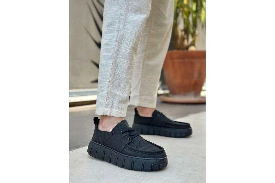 Shoecide Sb0676 Boa Siyah Keten Yüksek Taban Erkek Yazlık Ayakkabı