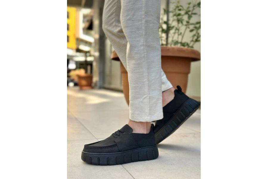 Shoecide Sb0676 Boa Siyah Keten Yüksek Taban Erkek Yazlık Ayakkabı