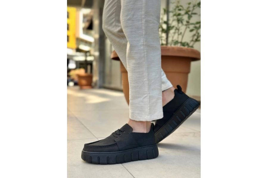 Shoecide Sb0676 Boa Siyah Keten Yüksek Taban Erkek Yazlık Ayakkabı