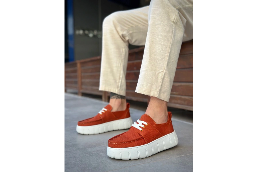 Shoecide Sb0676 Boa Turuncu Keten Yüksek Taban Erkek Yazlık Ayakkabı
