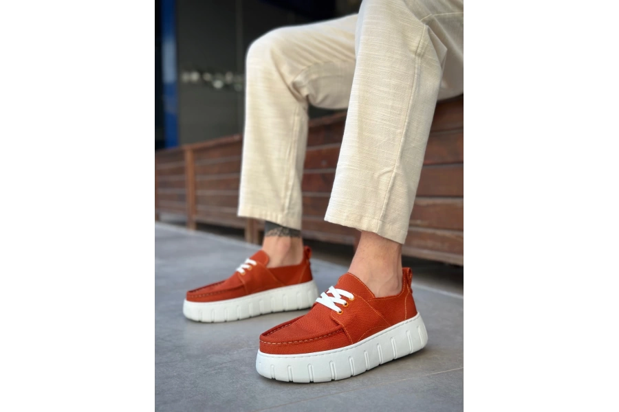 Shoecide Sb0676 Boa Turuncu Keten Yüksek Taban Erkek Yazlık Ayakkabı