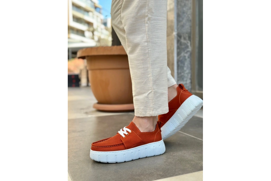 Shoecide Sb0676 Boa Turuncu Keten Yüksek Taban Erkek Yazlık Ayakkabı