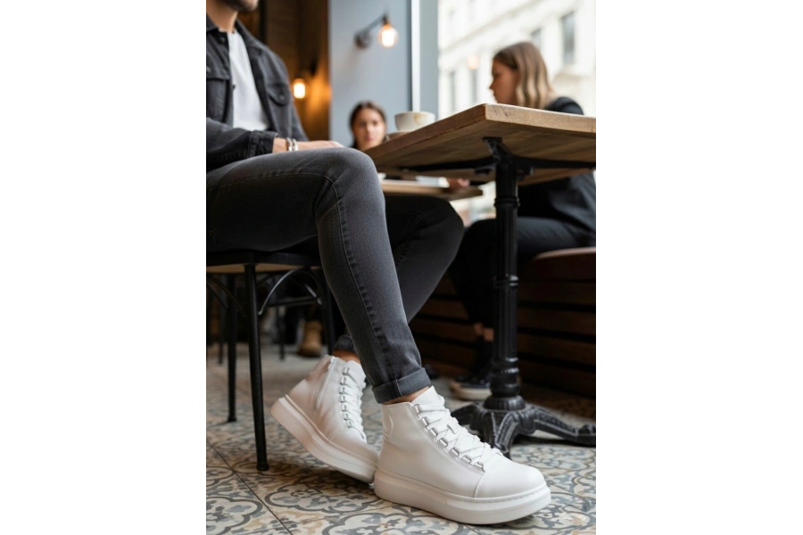 Shoecide Sb0713 Bağcıklı Beyaz Yüksek Taban Erkek Tarz Spor Bot