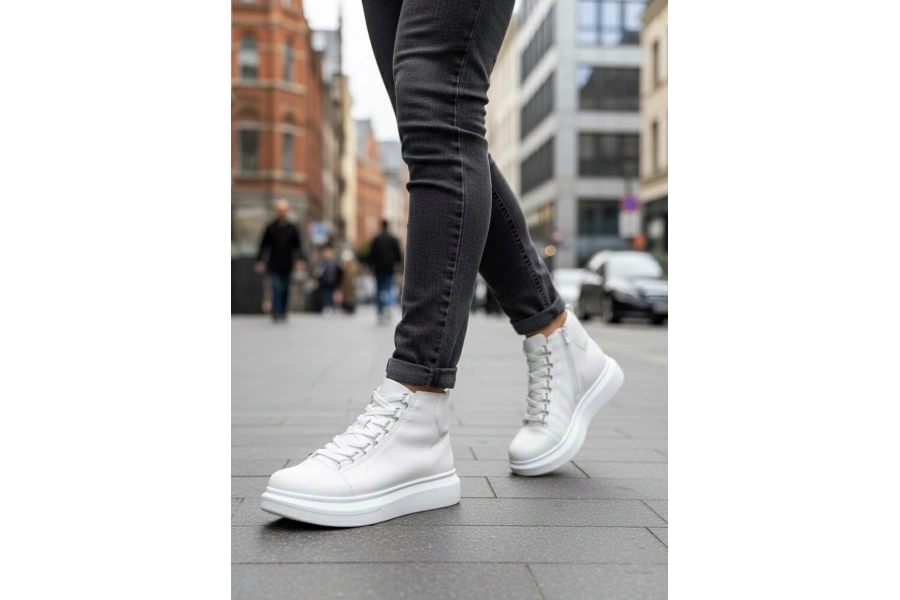 Shoecide Sb0713 Bağcıklı Beyaz Yüksek Taban Erkek Tarz Spor Bot