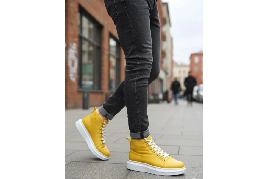 Shoecide Sb0713 Bağcıklı Sarı Yüksek Taban Erkek Tarz Spor Bot