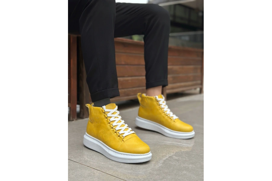 Shoecide Sb0713 Bağcıklı Sarı Yüksek Taban Erkek Tarz Spor Bot