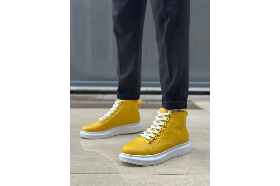 Shoecide Sb0713 Bağcıklı Sarı Yüksek Taban Erkek Tarz Spor Bot