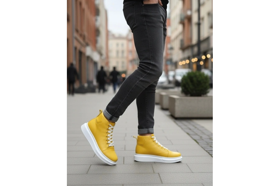 Shoecide Sb0713 Bağcıklı Sarı Yüksek Taban Erkek Tarz Spor Bot