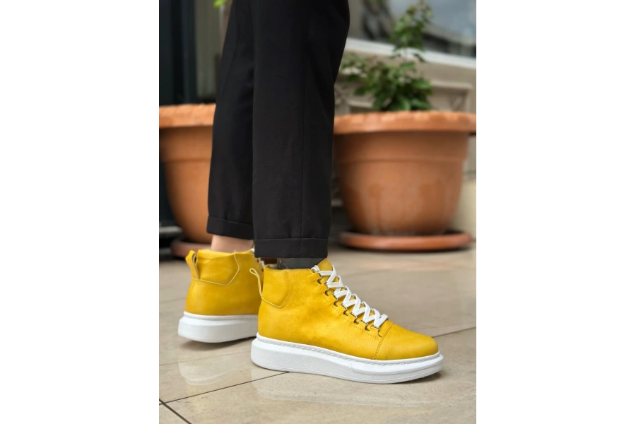 Shoecide Sb0713 Bağcıklı Sarı Yüksek Taban Erkek Tarz Spor Bot