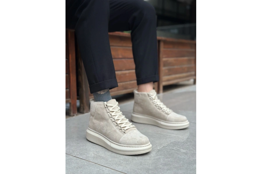 Shoecide Sb0713 Bağcıklı Süet Bej Yüksek Taban Erkek Tarz Spor Bot