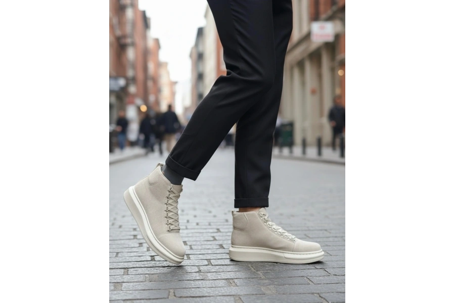 Shoecide Sb0713 Bağcıklı Süet Bej Yüksek Taban Erkek Tarz Spor Bot