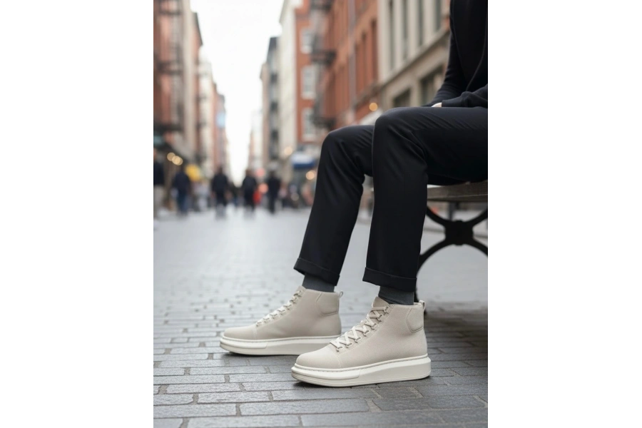 Shoecide Sb0713 Bağcıklı Süet Bej Yüksek Taban Erkek Tarz Spor Bot