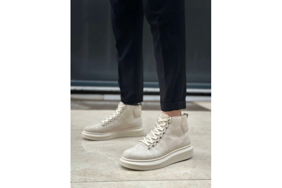 Shoecide Sb0713 Bağcıklı Süet Bej Yüksek Taban Erkek Tarz Spor Bot