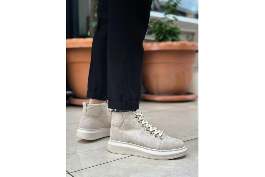 Shoecide Sb0713 Bağcıklı Süet Bej Yüksek Taban Erkek Tarz Spor Bot