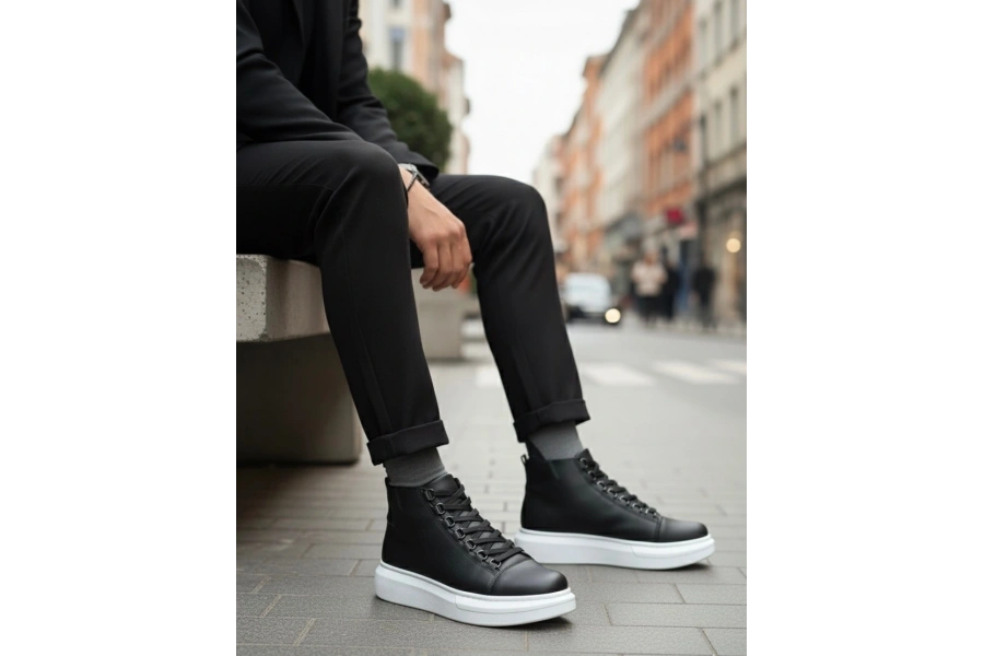 Shoecide Sb0713 Bağcıklı Yüksek Siyah Beyaz Taban Erkek Tarz Spor Bot