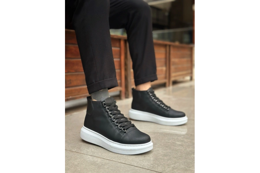 Shoecide Sb0713 Bağcıklı Yüksek Siyah Beyaz Taban Erkek Tarz Spor Bot