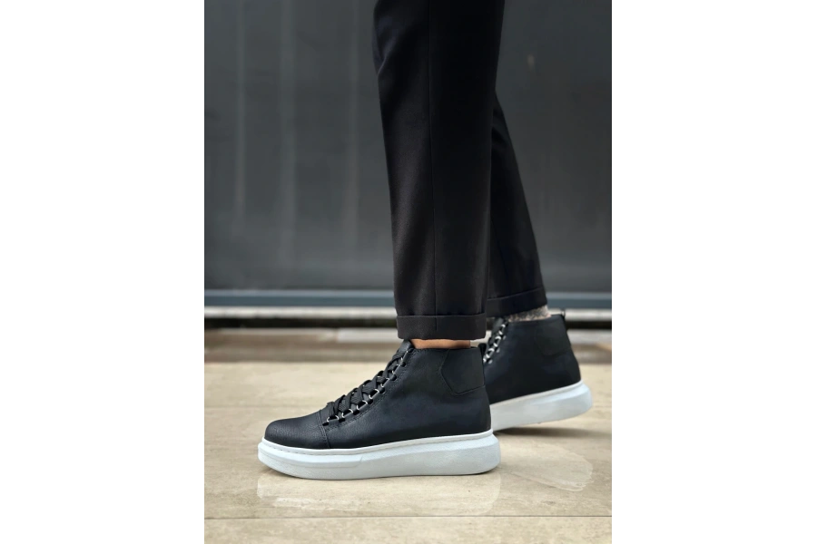 Shoecide Sb0713 Bağcıklı Yüksek Siyah Beyaz Taban Erkek Tarz Spor Bot