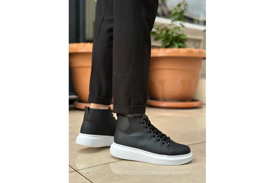 Shoecide Sb0713 Bağcıklı Yüksek Siyah Beyaz Taban Erkek Tarz Spor Bot