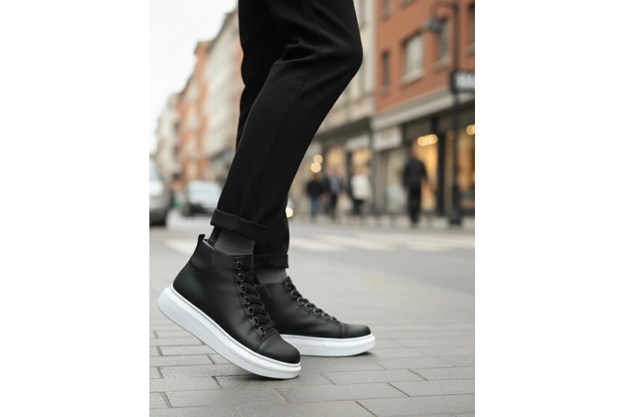 Shoecide Sb0713 Bağcıklı Yüksek Siyah Beyaz Taban Erkek Tarz Spor Bot