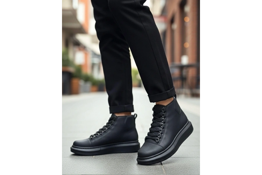 Shoecide Sb0713 Bağcıklı Yüksek Siyah Taban Erkek Tarz Spor Bot