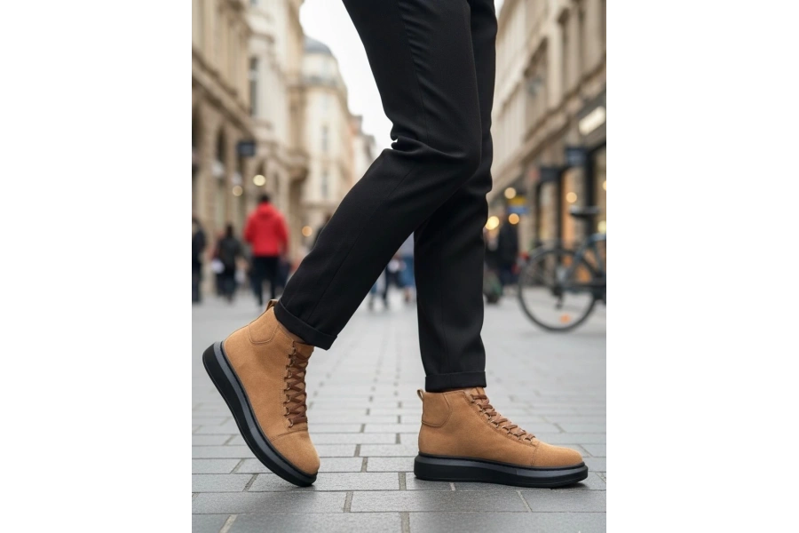 Shoecide Sb0713 Bağcıklı Yüksek Taba Süet Siyah Taban Erkek Tarz Spor Bot