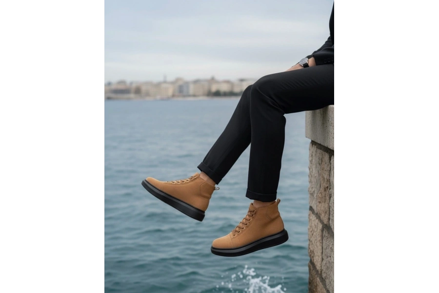 Shoecide Sb0713 Bağcıklı Yüksek Taba Süet Siyah Taban Erkek Tarz Spor Bot