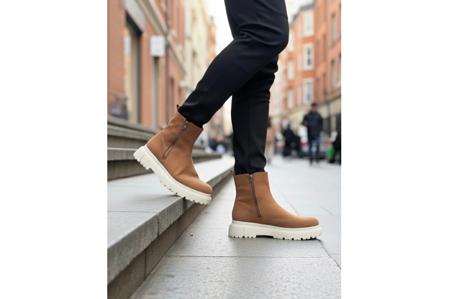Shoecide Sb0777 Süet Taba Krem Taban Çift Fermuarlı Erkek Yarım Bilek Bot