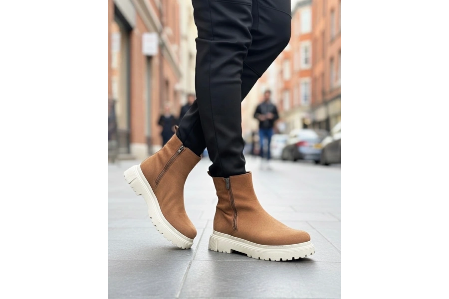 Shoecide Sb0777 Süet Taba Krem Taban Çift Fermuarlı Erkek Yarım Bilek Bot