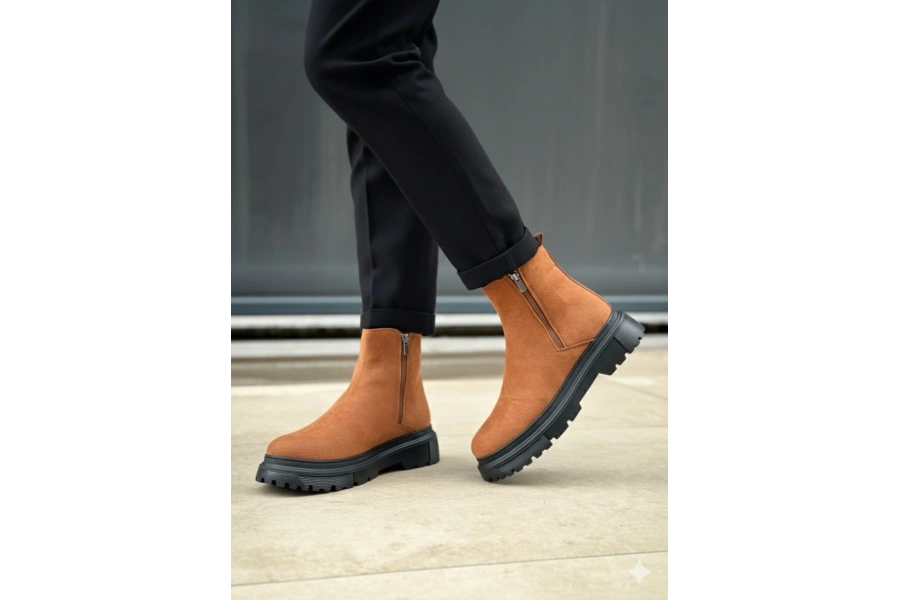 Shoecide Sb0777 Süet Taba Siyah Taban Çift Fermuarlı Erkek Yarım Bilek Bot