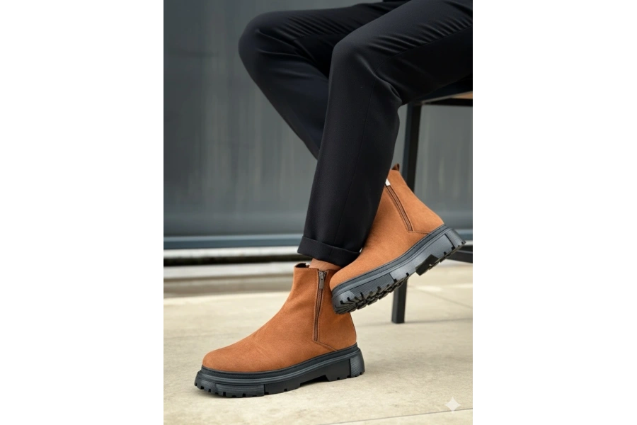 Shoecide Sb0777 Süet Taba Siyah Taban Çift Fermuarlı Erkek Yarım Bilek Bot