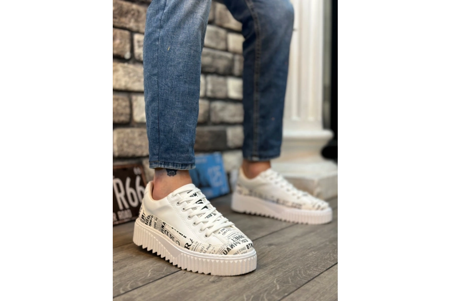 Shoecide Sb0801 Boa Yüksek Taban Gazete Desenli Erkek Spor Ayakkabı