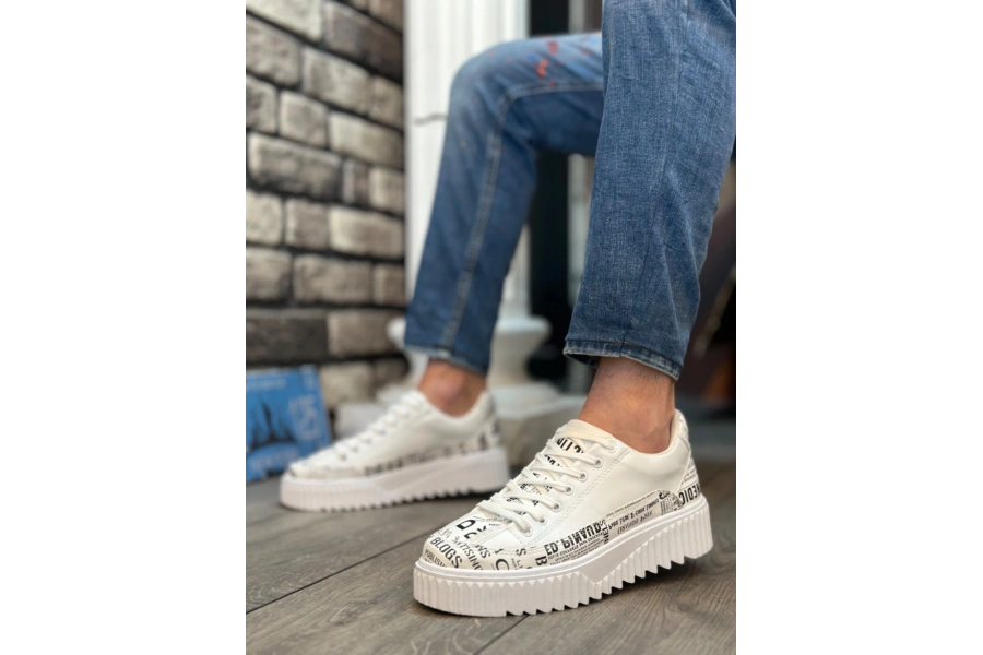 Shoecide Sb0801 Boa Yüksek Taban Gazete Desenli Erkek Spor Ayakkabı