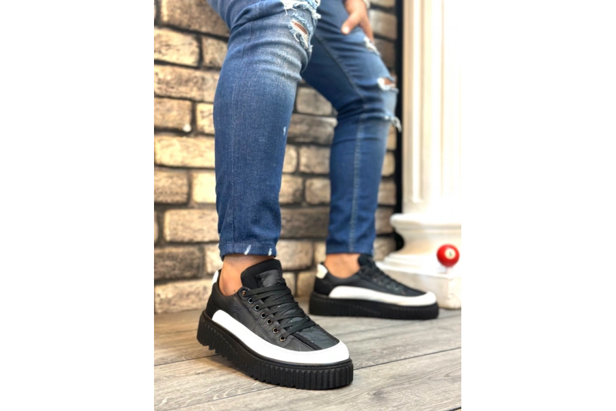 Shoecide Sb0801 Boa Yüksek Taban Siyah Paraşüt Kumaş Beyaz Cilt Detaylı Erkek Ayakkabı