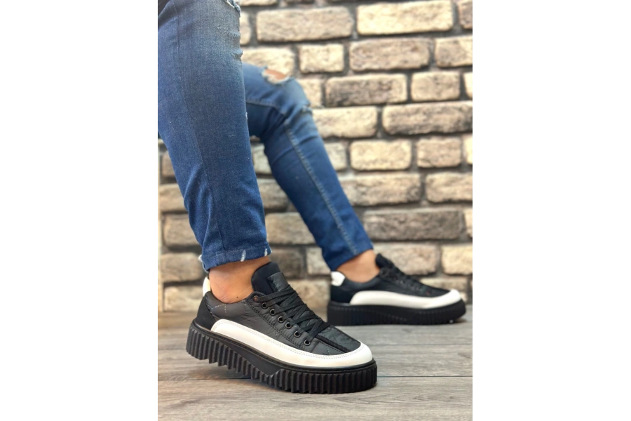 Shoecide Sb0801 Boa Yüksek Taban Siyah Paraşüt Kumaş Beyaz Cilt Detaylı Erkek Ayakkabı