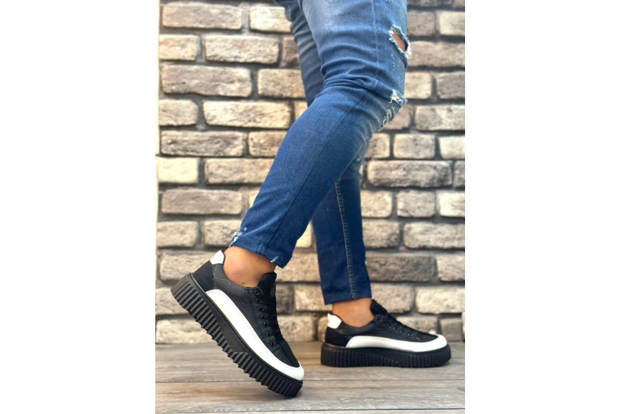 Shoecide Sb0801 Boa Yüksek Taban Siyah Paraşüt Kumaş Beyaz Cilt Detaylı Erkek Ayakkabı