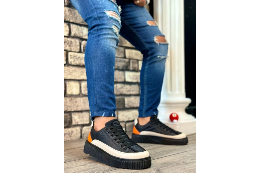 Shoecide Sb0801 Boa Yüksek Taban Siyah Paraşüt Kumaş Turuncu Cilt Detaylı Erkek Ayakkabı