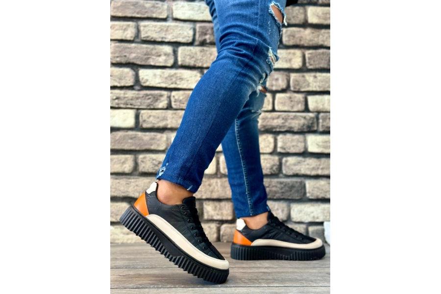 Shoecide Sb0801 Boa Yüksek Taban Siyah Paraşüt Kumaş Turuncu Cilt Detaylı Erkek Ayakkabı