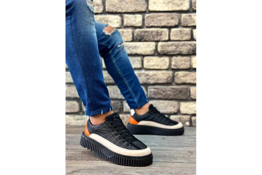 Shoecide Sb0801 Boa Yüksek Taban Siyah Paraşüt Kumaş Turuncu Cilt Detaylı Erkek Ayakkabı