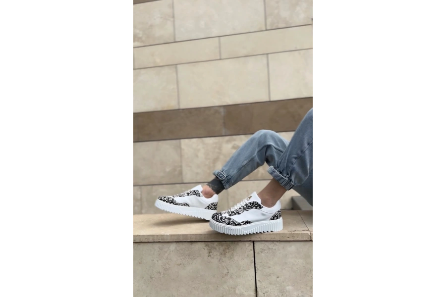 Shoecide Sb0802 Boa Gotik Desenli Beyaz Yüksek Taban Erkek Günlük Ayakkabı