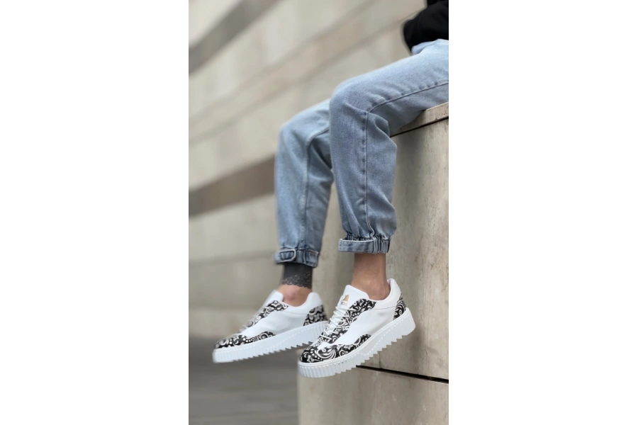 Shoecide Sb0802 Boa Gotik Desenli Beyaz Yüksek Taban Erkek Günlük Ayakkabı