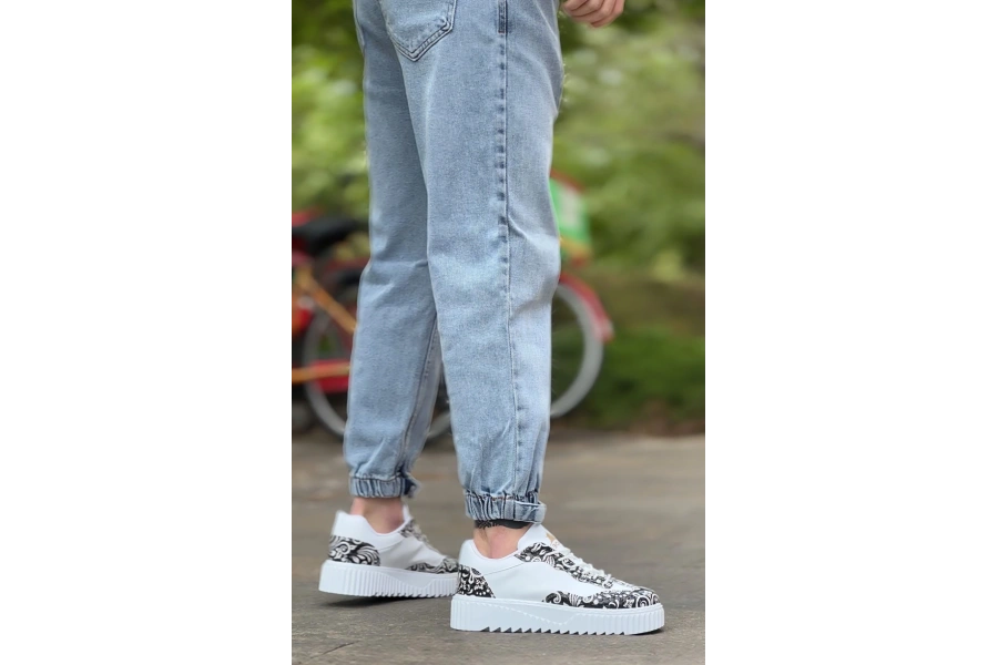 Shoecide Sb0802 Boa Gotik Desenli Beyaz Yüksek Taban Erkek Günlük Ayakkabı