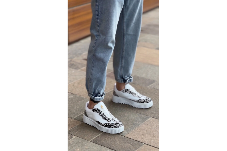 Shoecide Sb0802 Boa Gotik Desenli Beyaz Yüksek Taban Erkek Günlük Ayakkabı