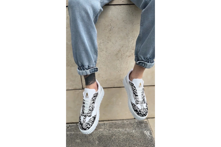 Shoecide Sb0802 Boa Gotik Desenli Beyaz Yüksek Taban Erkek Günlük Ayakkabı