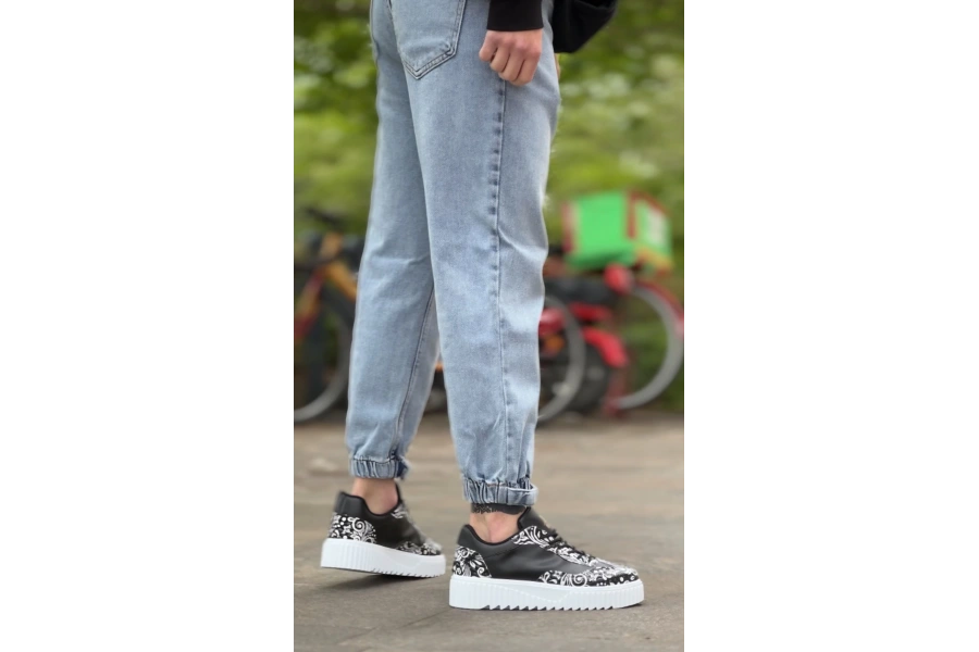 Shoecide Sb0802 Boa Gotik Desenli Siyah Beyaz Yüksek Taban Erkek Günlük Ayakkabı