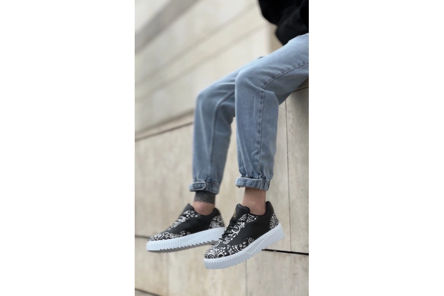Shoecide Sb0802 Boa Gotik Desenli Siyah Beyaz Yüksek Taban Erkek Günlük Ayakkabı