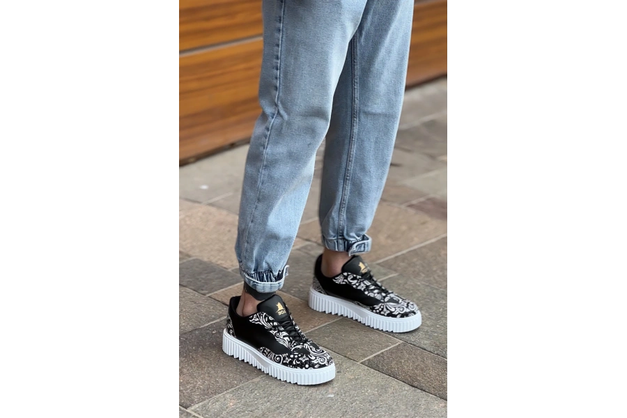 Shoecide Sb0802 Boa Gotik Desenli Siyah Beyaz Yüksek Taban Erkek Günlük Ayakkabı