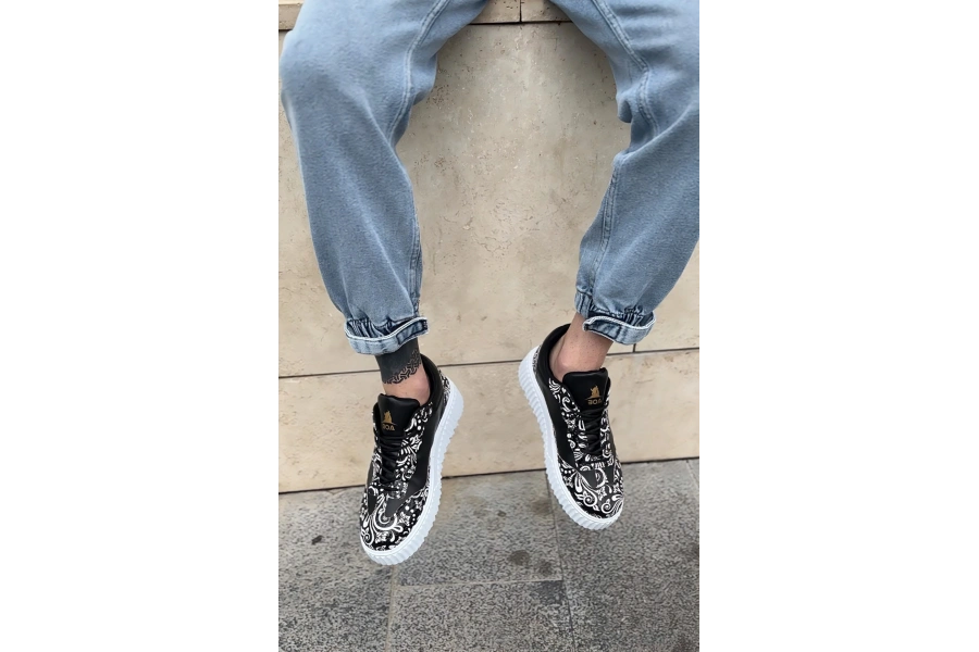 Shoecide Sb0802 Boa Gotik Desenli Siyah Beyaz Yüksek Taban Erkek Günlük Ayakkabı
