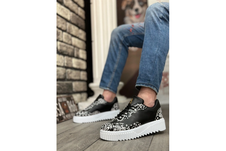 Shoecide Sb0802 Boa Gotik Desenli Siyah Beyaz Yüksek Taban Erkek Günlük Ayakkabı