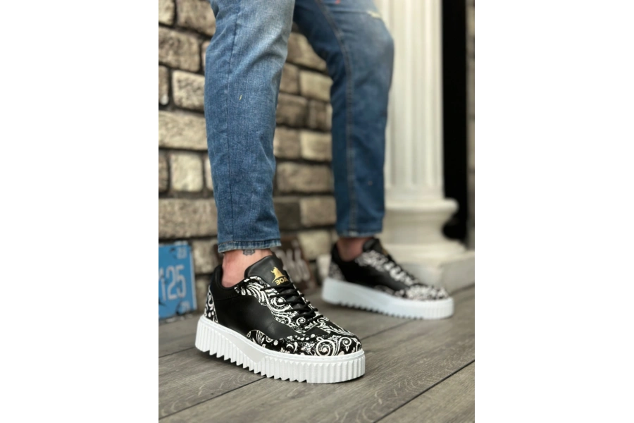 Shoecide Sb0802 Boa Gotik Desenli Siyah Beyaz Yüksek Taban Erkek Günlük Ayakkabı